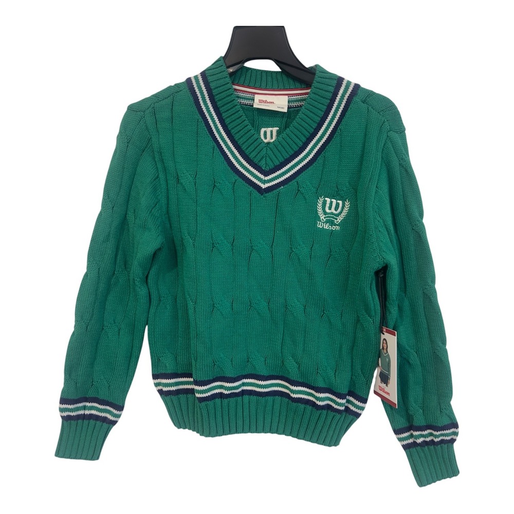 Wilson Kids Green Cable Knit V-Neck Sweater Navy White Stripe Trim Size M 8 NWT